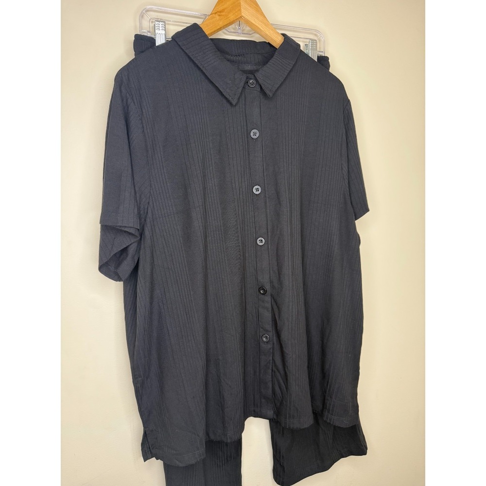 Carole Hochman Ribbed Button Front 2pc Lounge Set Black›Size 1X.  #20 - Picture 3 of 8